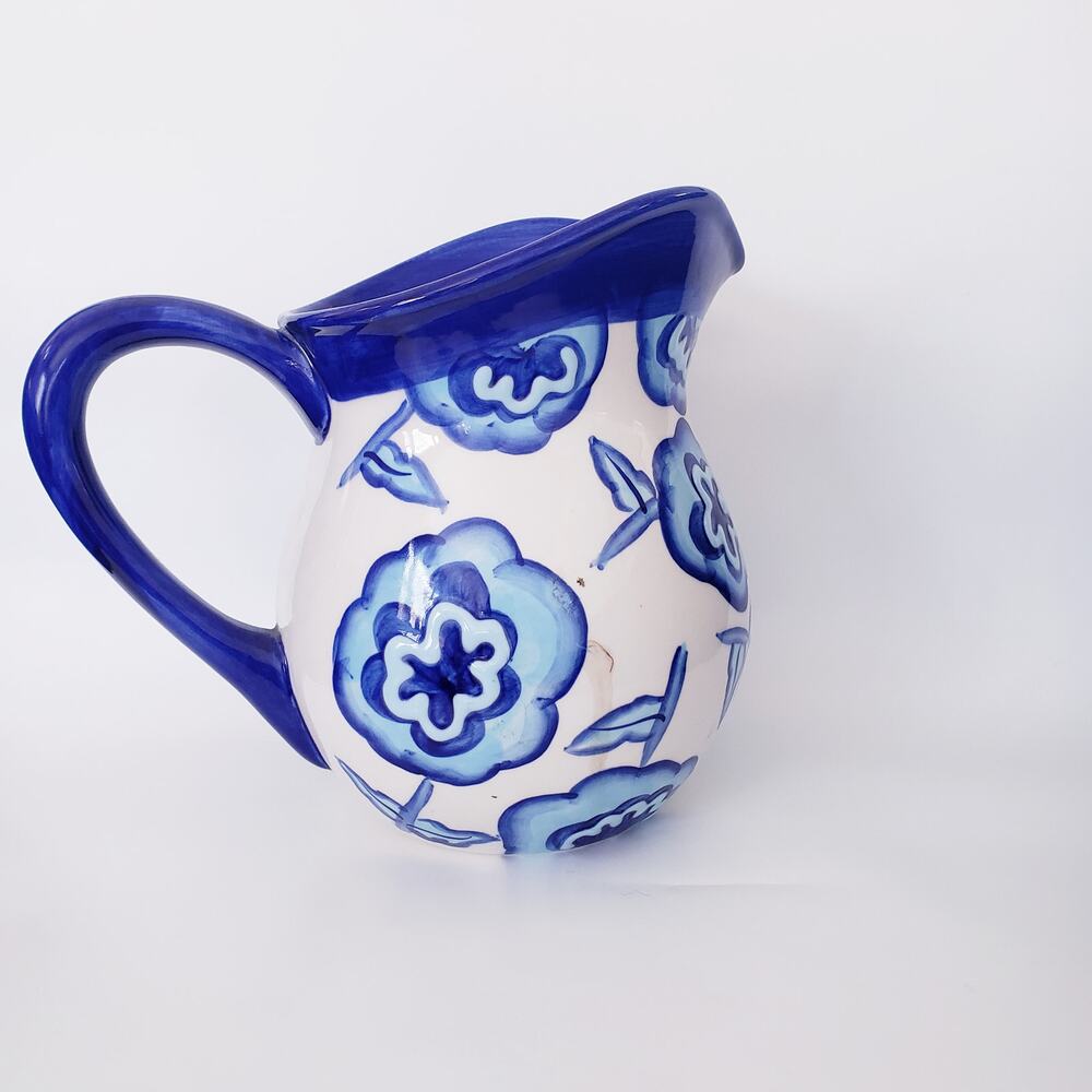 Cobalt Blue and White Floral Pitcher Summer Boho - Picture 3 of 6